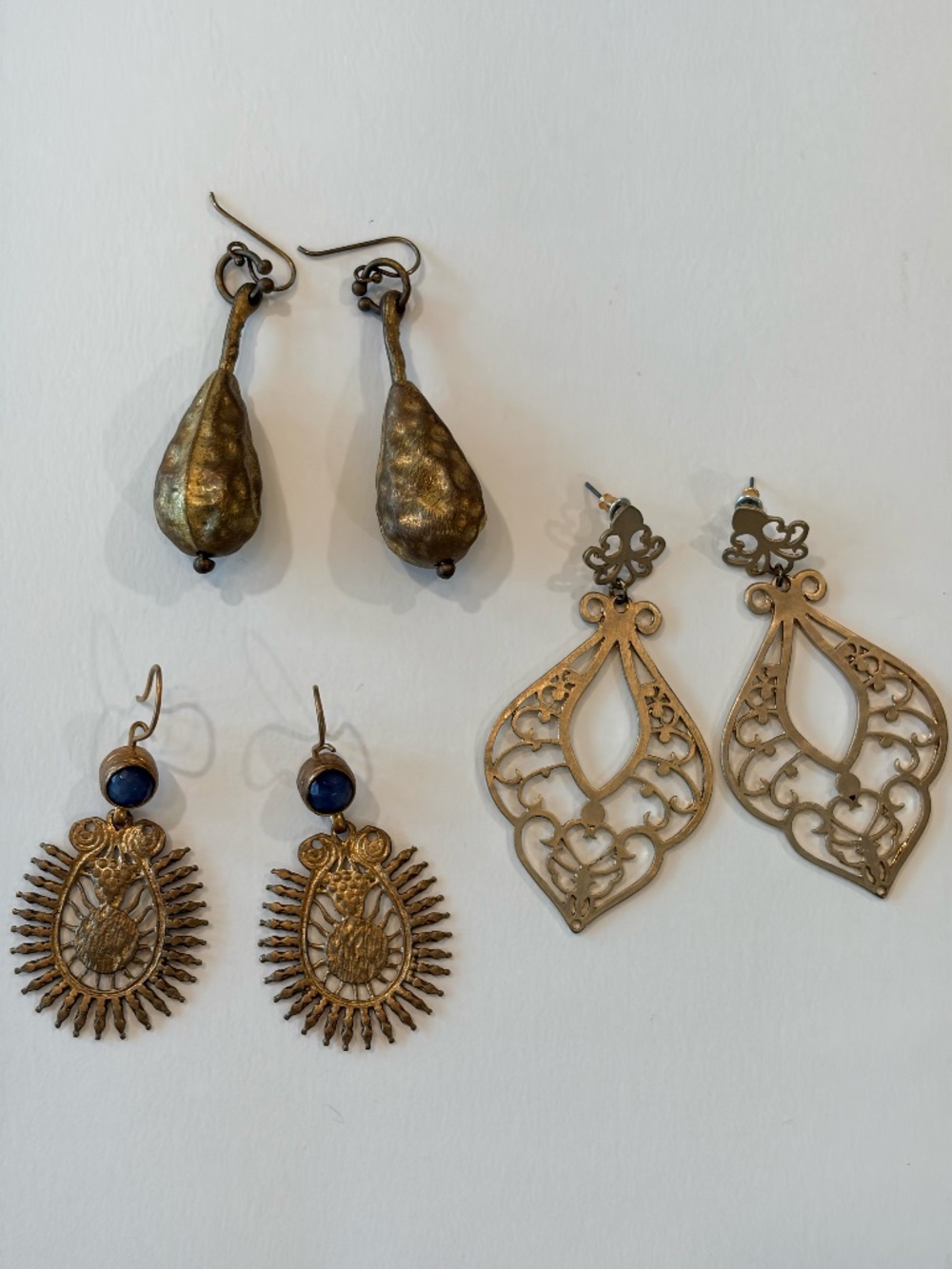 3 Pair Boho Bronze Tone Statement Earrings Costume Jewelry Lot
